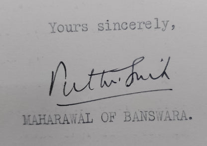 Banswara India 1940 multicolour crested letter signed MAHARAJA Prithvi Singh