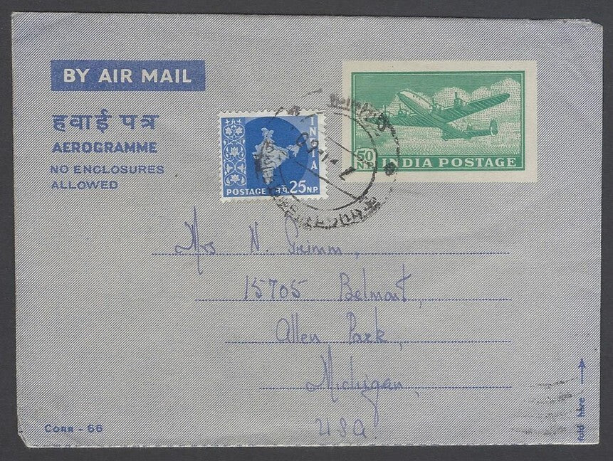 AOP India 50np aerogramme air letter uprated 25np Map used 1960 to USA