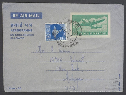 AOP India 50np aerogramme air letter uprated 25np Map used 1960 to USA