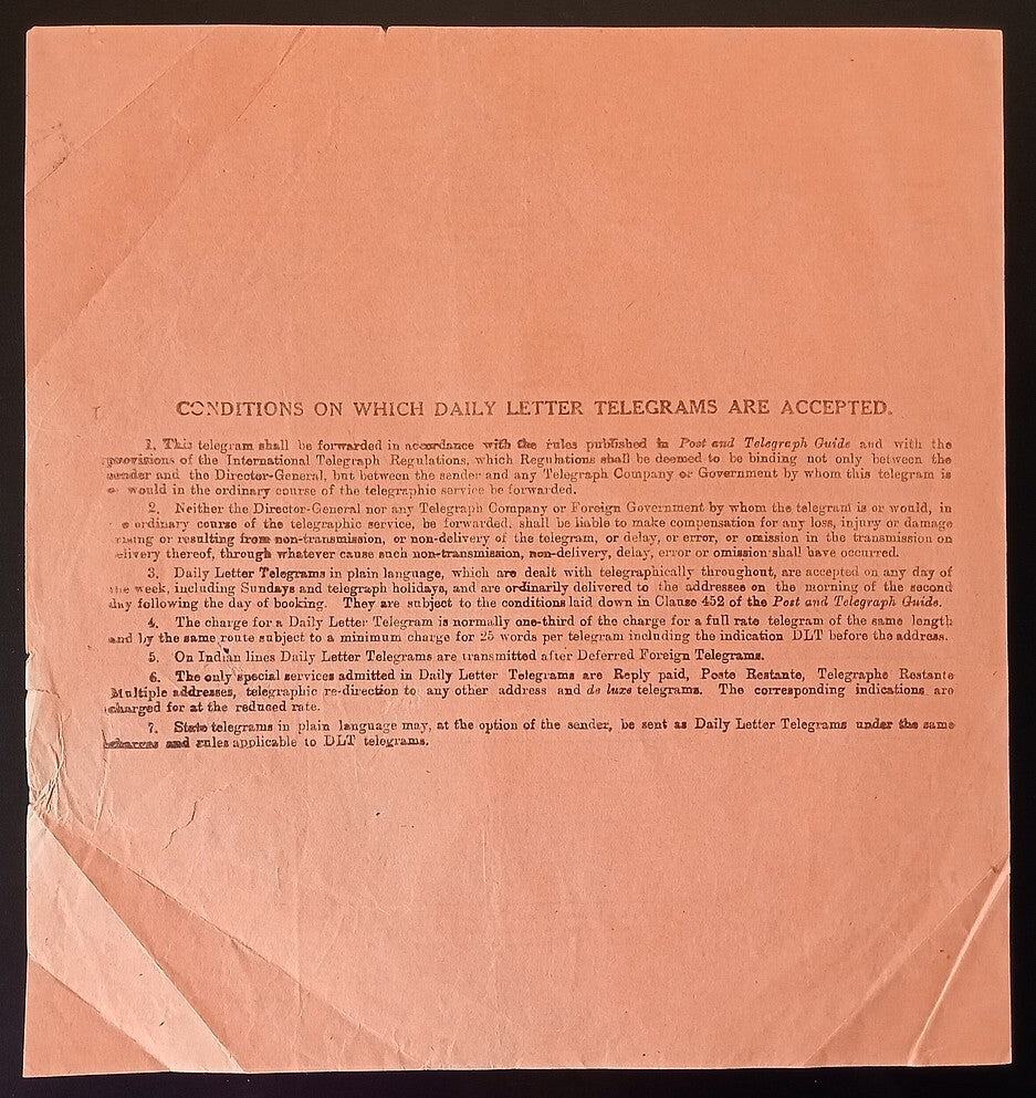 India 1935 INDIAN POSTS AND TELEGRAPHS DEPARTMENT Foreign Daily Letter Telegram
