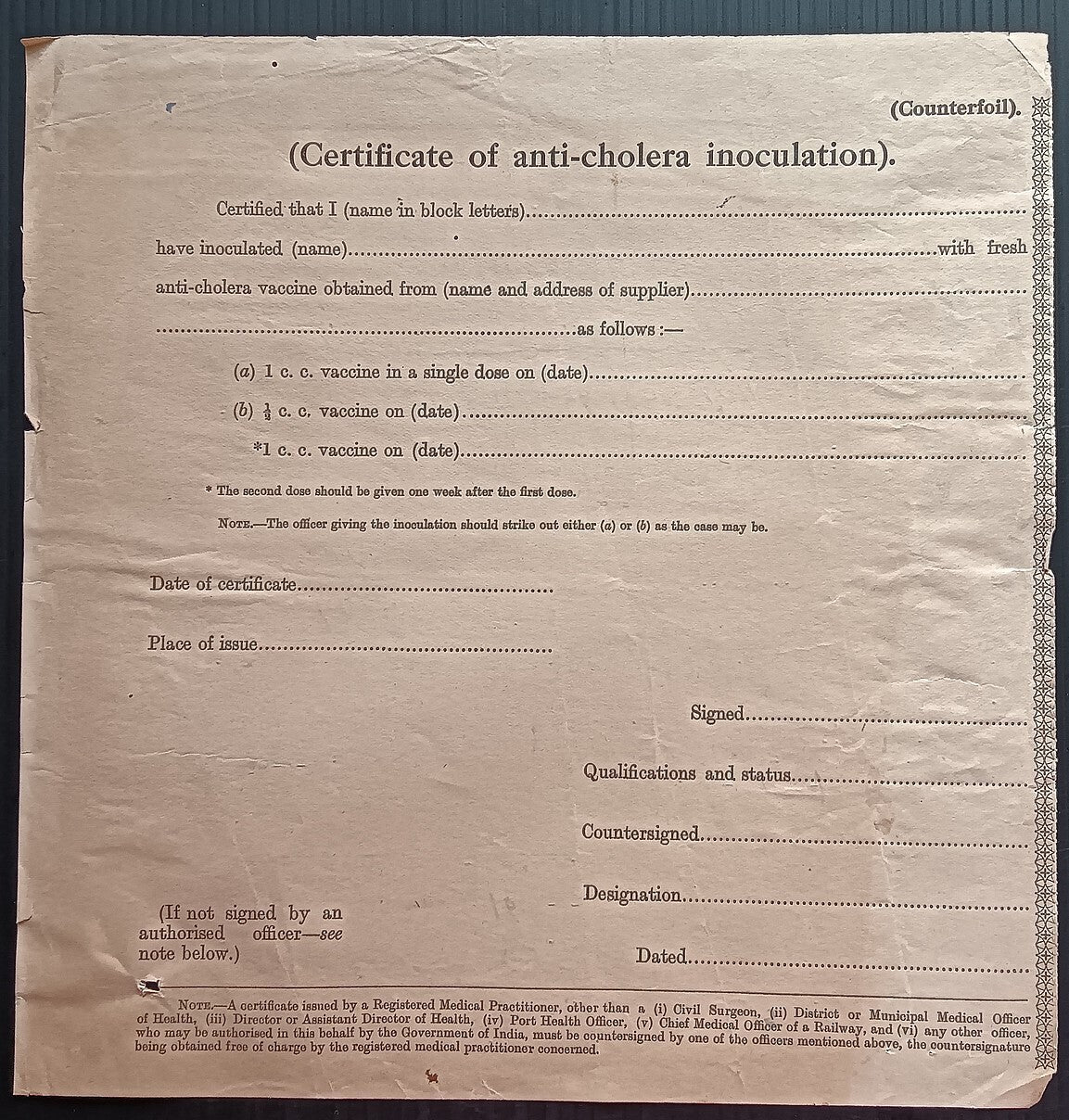 India 1940s CERTIFICATE OF ANTI CHOLERA INOCULATION