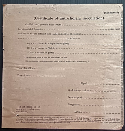 India 1940s CERTIFICATE OF ANTI CHOLERA INOCULATION