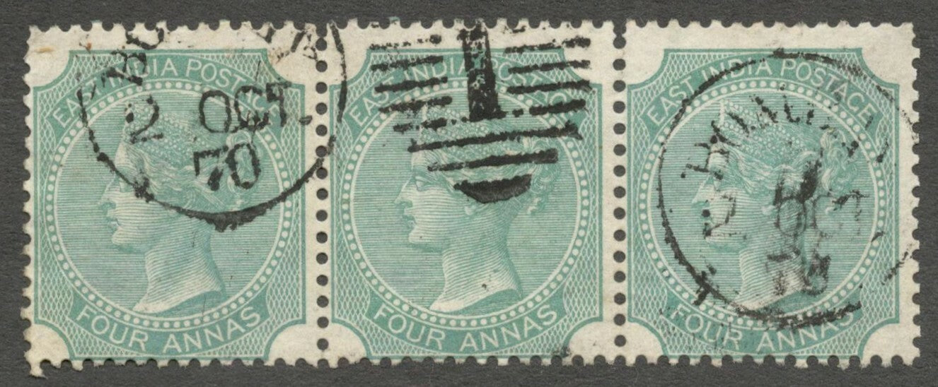 AOP ZAZ India QV Queen Victoria 1866 4a green Die 1 used strip 3 SG 69 £16.50++