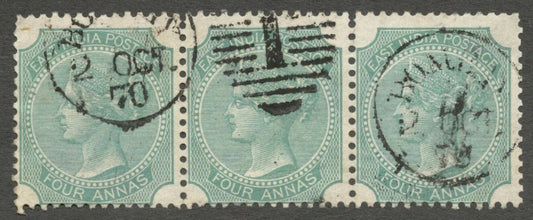 AOP ZAZ India QV Queen Victoria 1866 4a green Die 1 used strip 3 SG 69 £16.50++