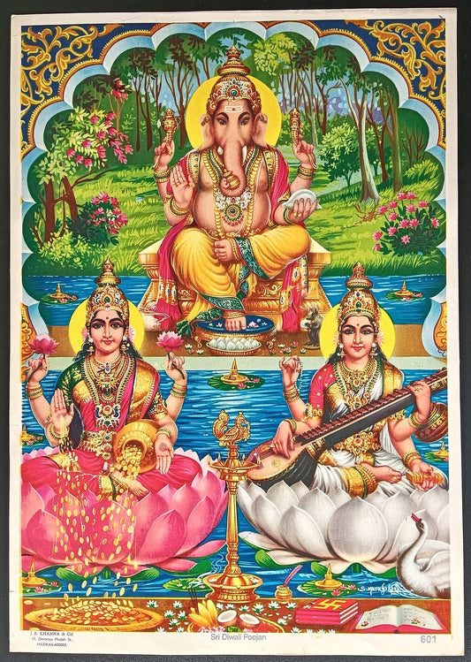 India vintage poster Sri Diwali Poojan by J.B. Khanna 9"x13" inches