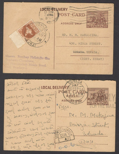 India 2p Map used as a postage due stamp on 1957 6ps postal card