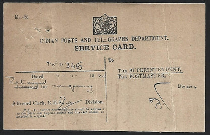 INDIAN POSTS & TELEGRAPHS DEPT. SERVICE CARD used 1935