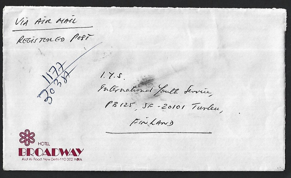 India 1987 Africa Fund 6.50R x 2 on registered cover to Finland