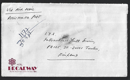 India 1987 Africa Fund 6.50R x 2 on registered cover to Finland