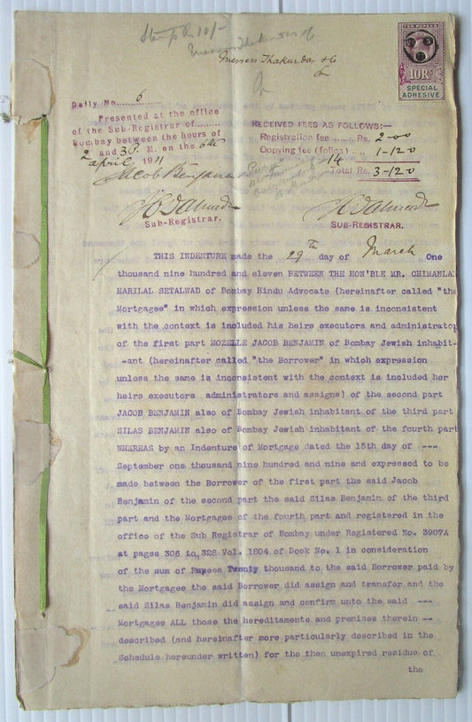 India 1910 indenture signed Sir Chimanlal Setalvad thrice