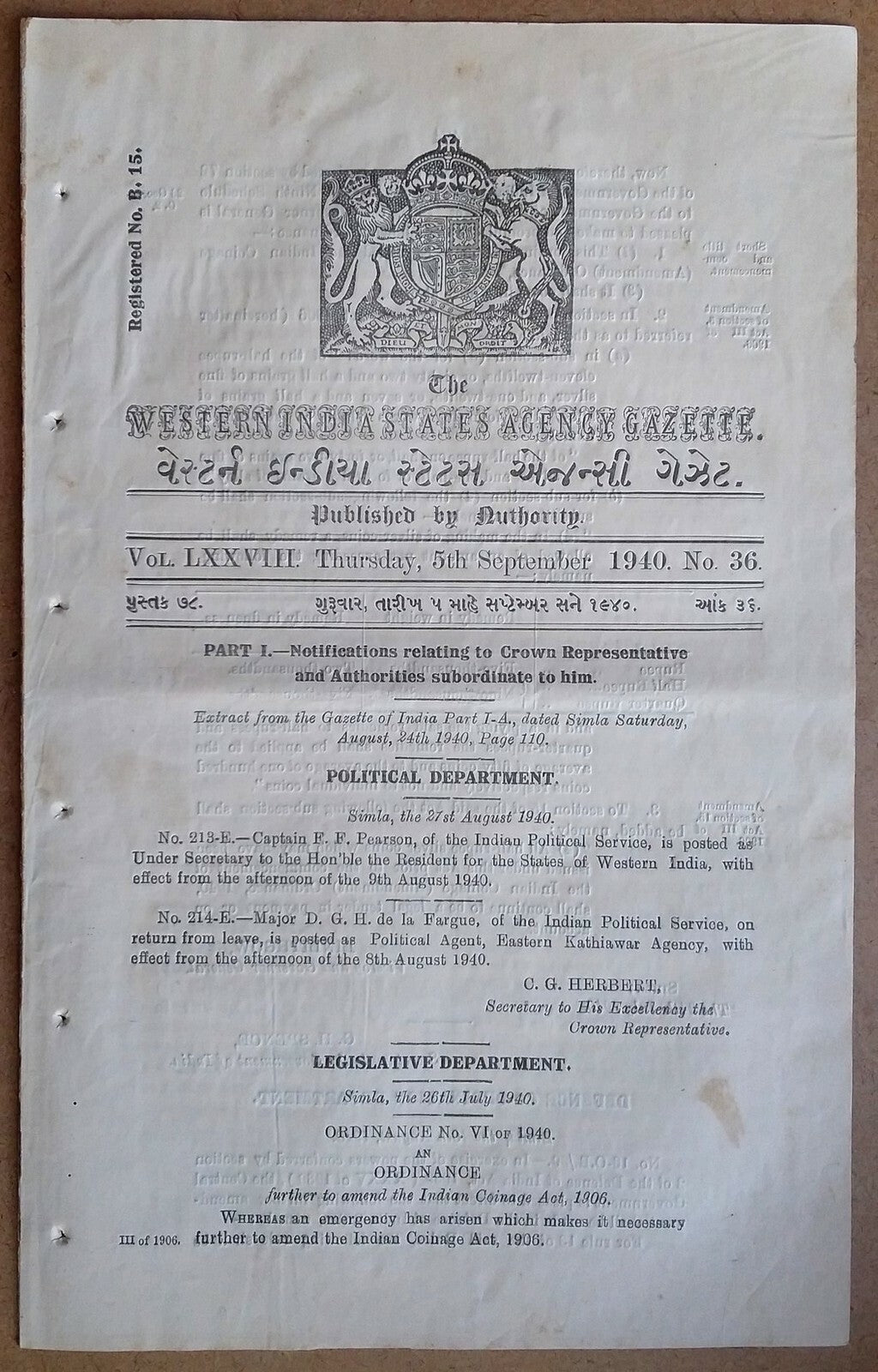 India 1940 WISA Gazette – change in weights & composition of Coins