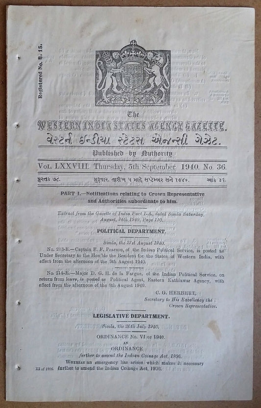 India 1940 WISA Gazette – change in weights & composition of Coins