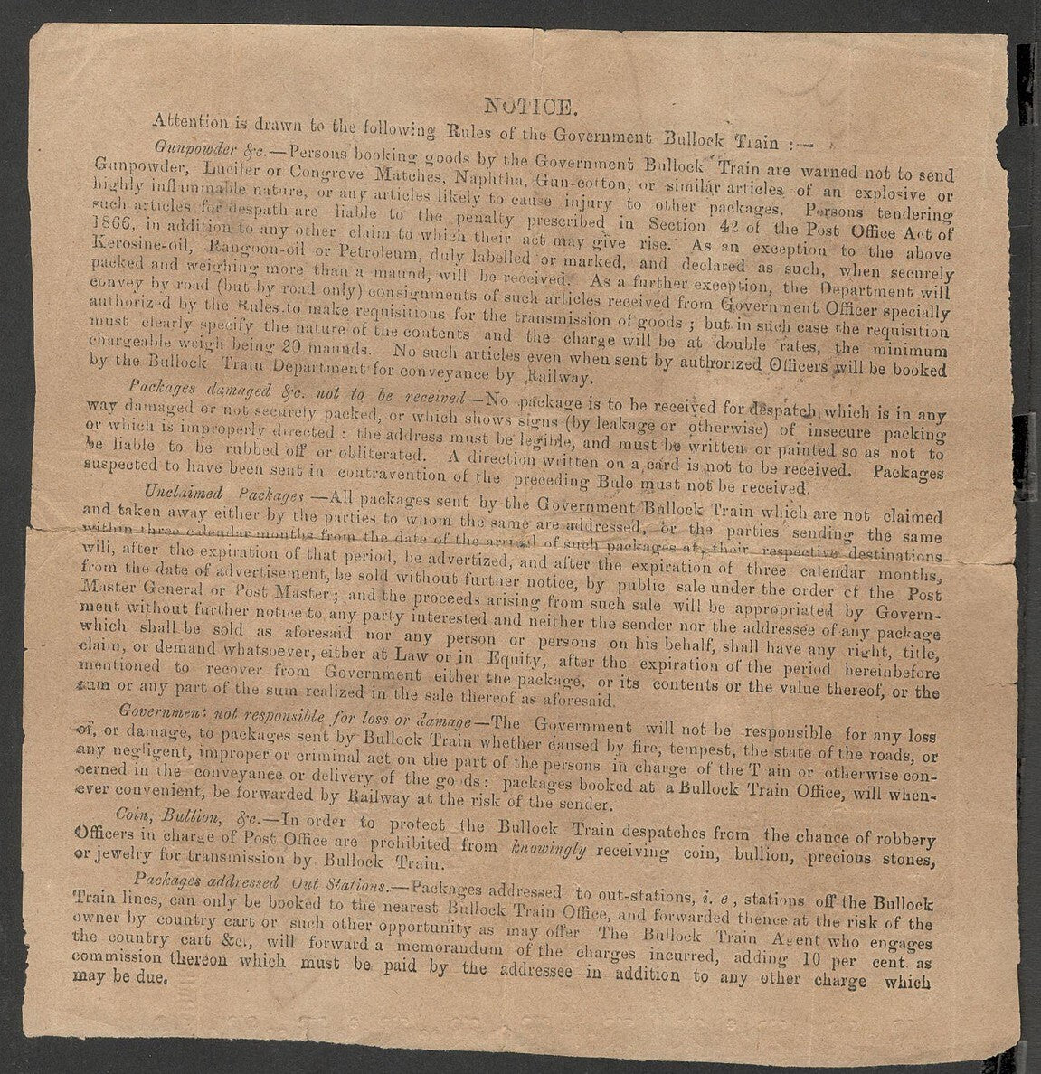 AOP India 1872 BULLOCK TRAIN parcel receipt PALLEE