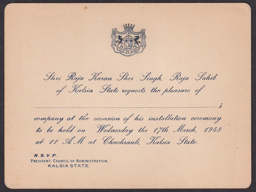 India 1948 crested  Invitation Card from the Rjaja of Kalsia