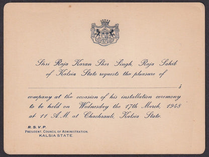 India 1948 crested  Invitation Card from the Rjaja of Kalsia