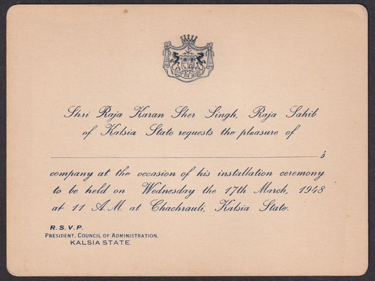 India 1948 crested  Invitation Card from the Rjaja of Kalsia