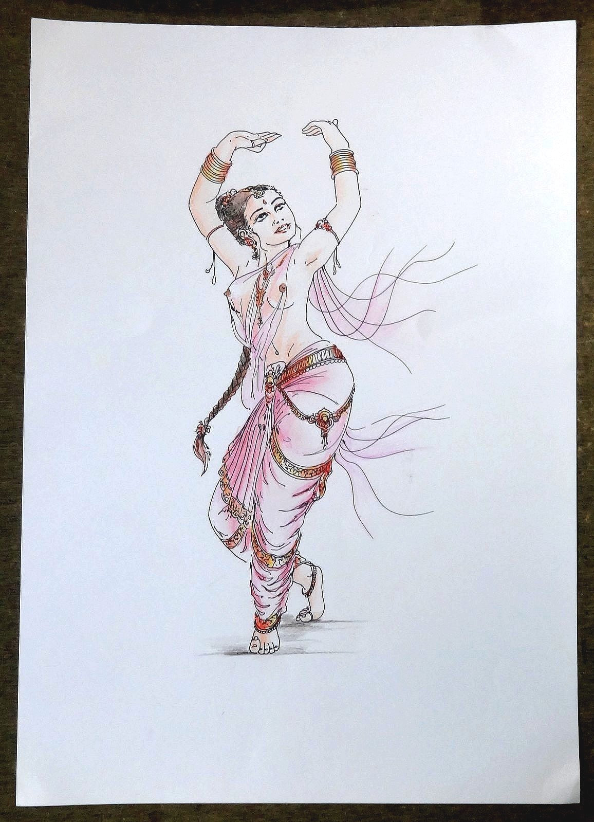 Indian dancing beauty watercolors crayons & ink on card 12''x 17''