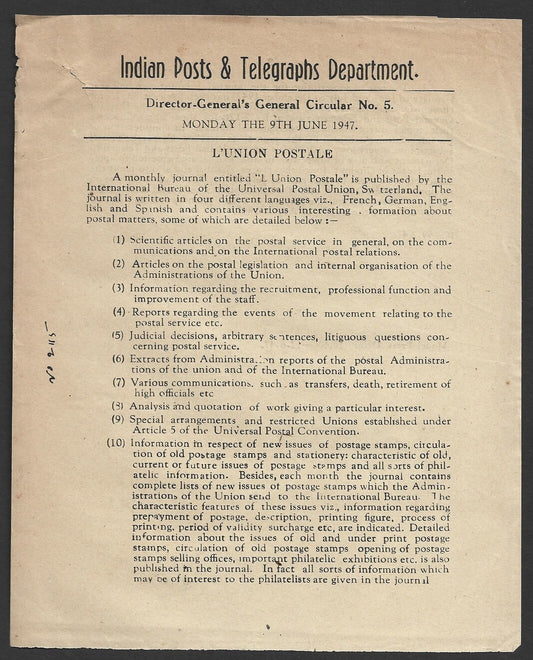 India POSTAL CIRCULAR No. 5 9th June 1947 L'UNION POSTALE