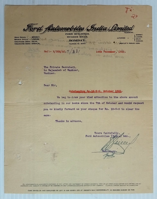 AOP India 1925 letterhead FORD AUTOMOBILES (INDIA) LIMITED Bombay