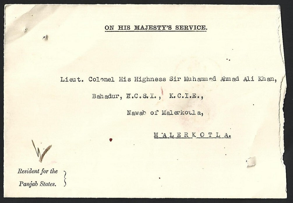 India crested envelope RESIDENT FOR THE PANJAB STATES used