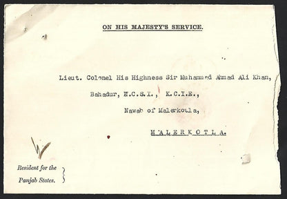 India crested envelope RESIDENT FOR THE PANJAB STATES used