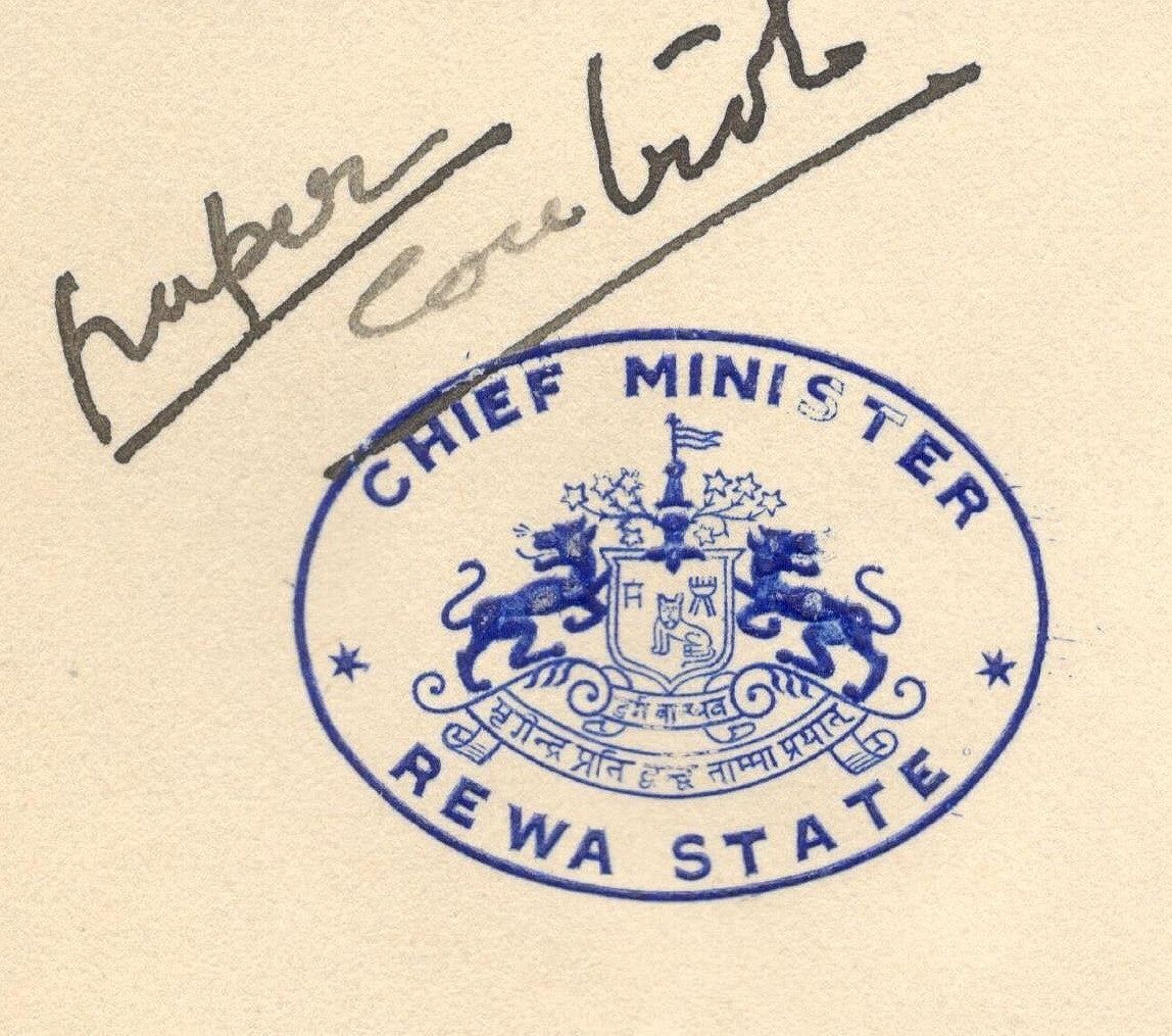 India 1945 crested letter CHIEF MINISTER / REWA STATE signed