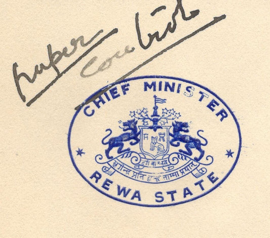India 1945 crested letter CHIEF MINISTER / REWA STATE signed