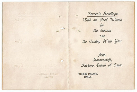 India 1930s New Year Greeting card from the Raja of Sayla