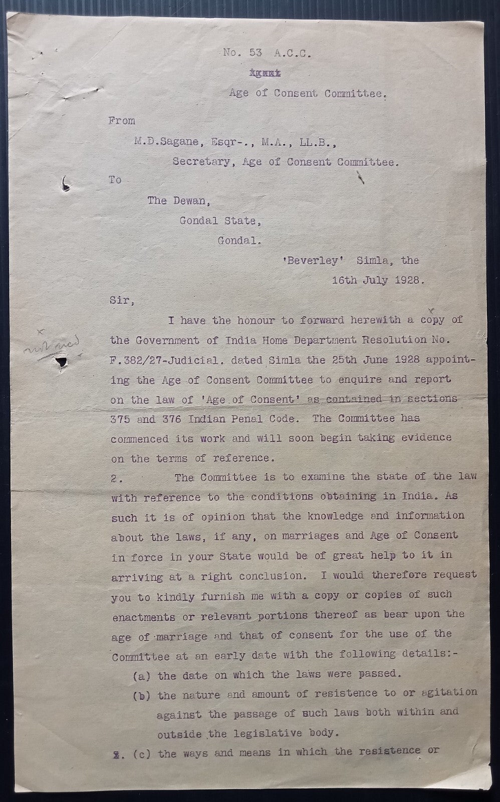 India 1928 official Correspondence re: raising the age of sexual consent to 14