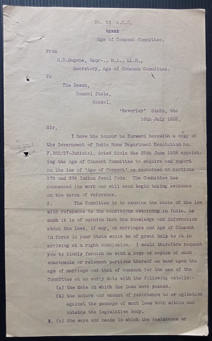 India 1928 official Correspondence re: raising the age of sexual consent to 14