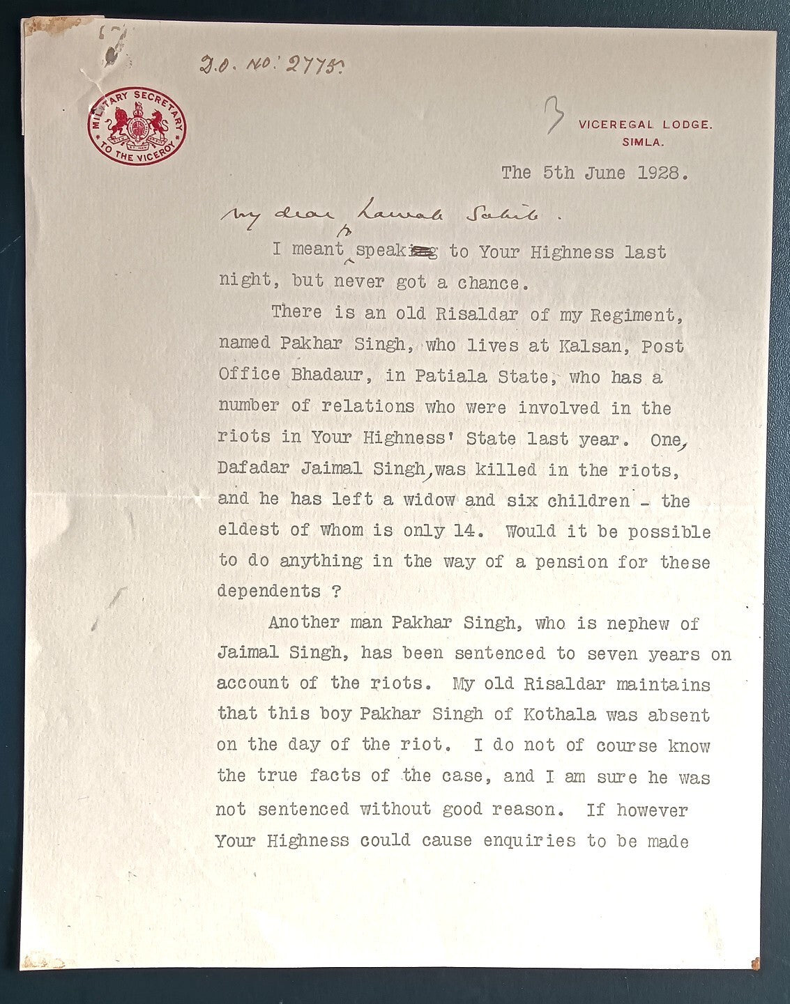 India 1928 crested letter MILITARY SECRETARY * VICEROY, VICEREGAL LODGE SIMLA