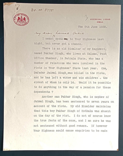 India 1928 crested letter MILITARY SECRETARY * VICEROY, VICEREGAL LODGE SIMLA