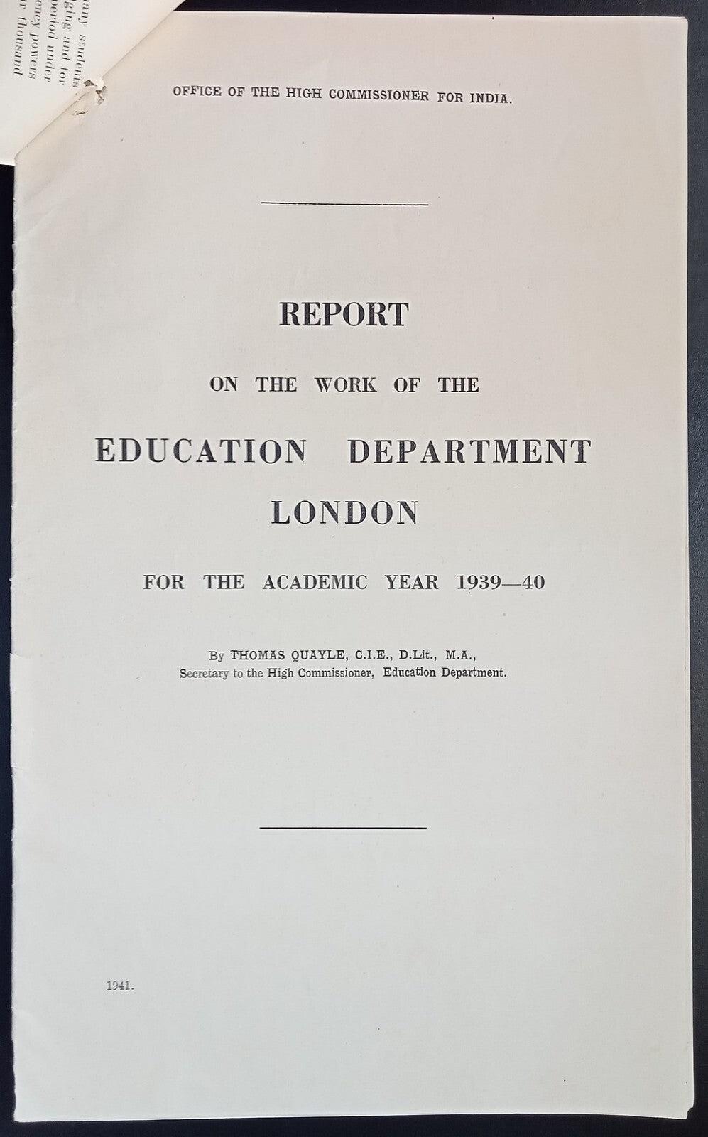 High Commissioner for India 1940 Report on the Work of the Education Department