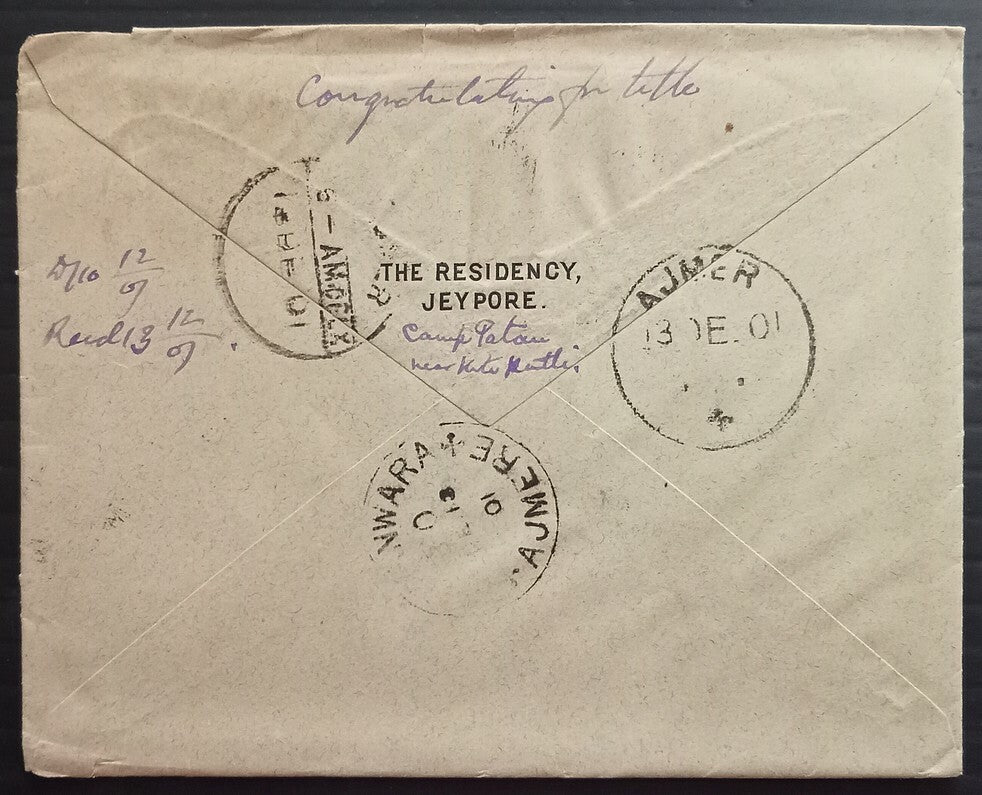 AOPIMT India QV Jaipur Residency cover 1901 with letter signed H V Cobbs