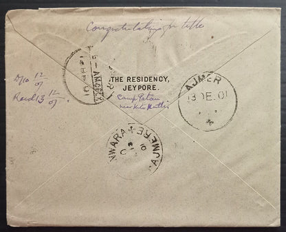 AOPIMT India QV Jaipur Residency cover 1901 with letter signed H V Cobbs