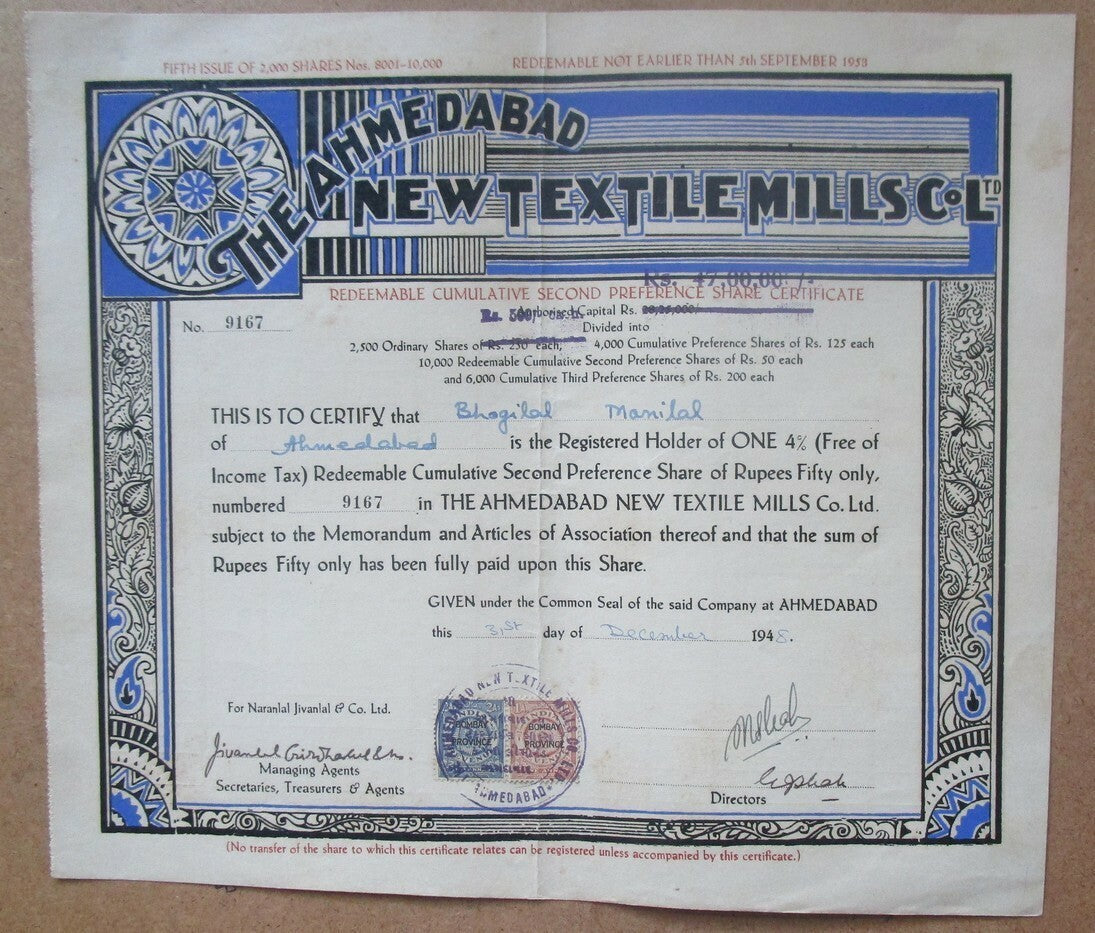 India The Ahmedabad New Textiles Mills Co. 1948 preference share certificate