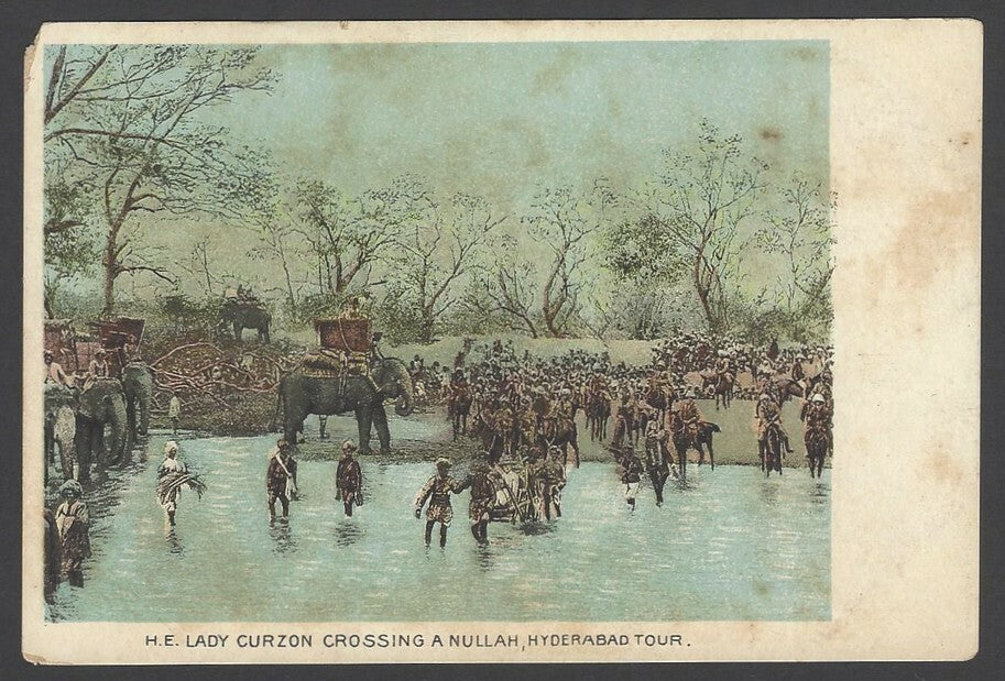 India vintage tinted postcard H.E. LADY CURZON crossing a nullah, Hyderabad Tour