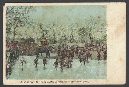 India vintage tinted postcard H.E. LADY CURZON crossing a nullah, Hyderabad Tour