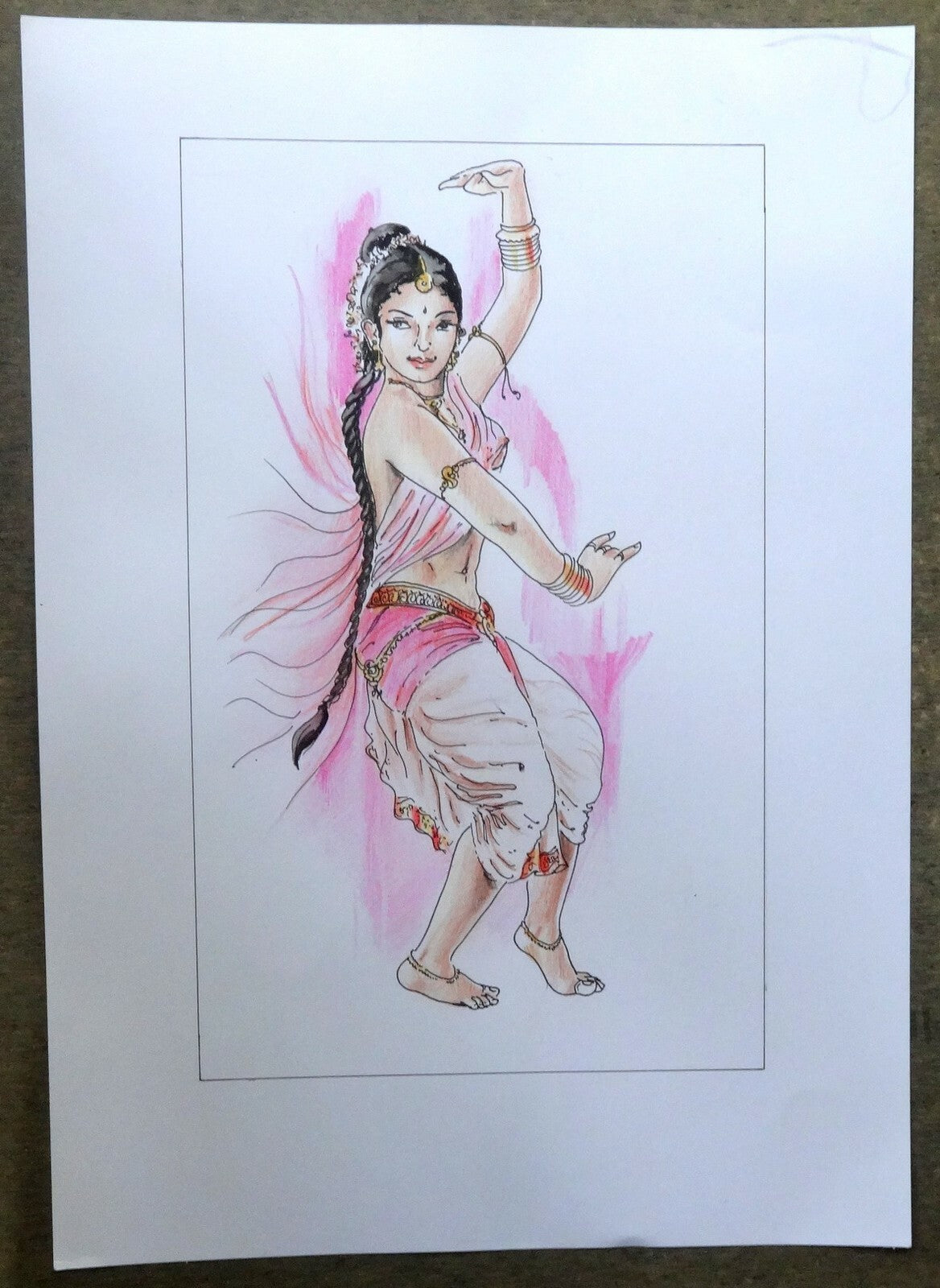 Indian Dancing Beauty watercolours, crayons & ink on card 11.5” x 17.5”