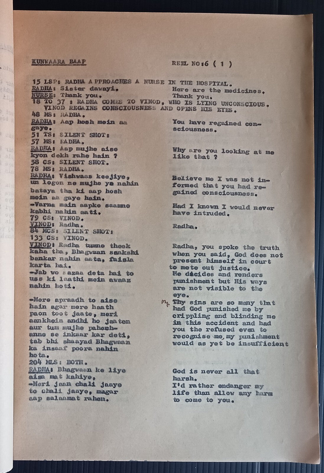 India Bollywood 1974 KUNWARA BAAP post production script - 96 pages