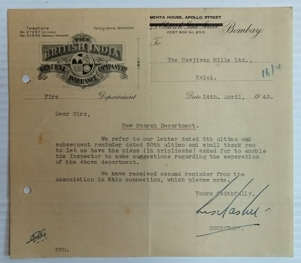AOP India 1943 illustrated letterhead BRITISH INDIA GENERAL INSURANCE Bombay
