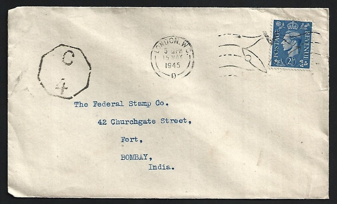 GB WW2 1945 censored cover London W.C. to Bombay, India