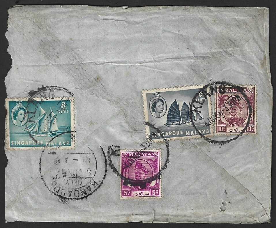 Malaya Selangor 1956 cover Klang to India with Singapore stamps mixed franking