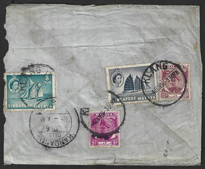 Malaya Selangor 1956 cover Klang to India with Singapore stamps mixed franking