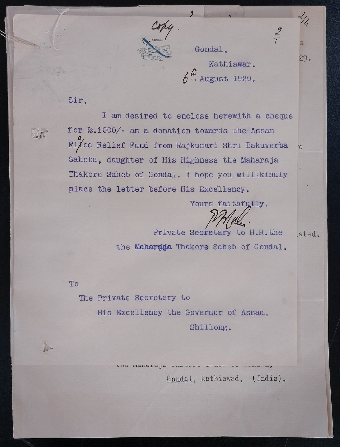 AOP India Correspondence : Assam Flood Relief Fund Donation 1929