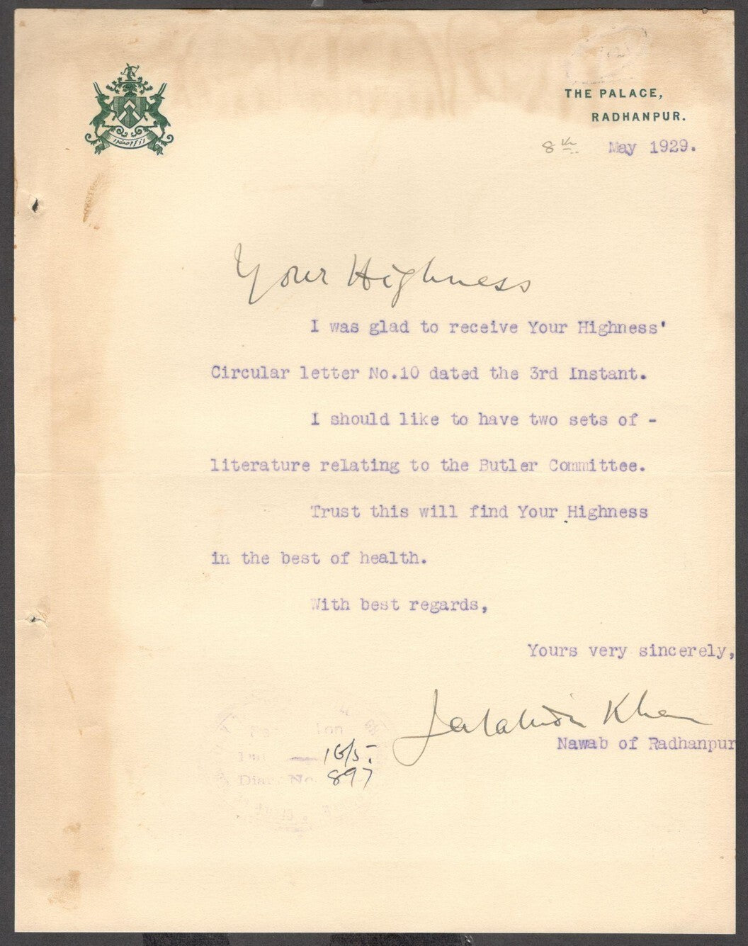 India 1929 crested letter signed NAWAB RADHANPUR STATE Md Jalal ad-Din Khan