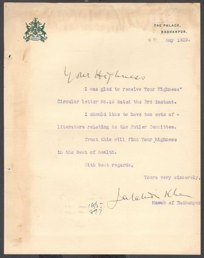 India 1929 crested letter signed NAWAB RADHANPUR STATE Md Jalal ad-Din Khan