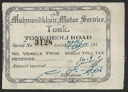 India MAHMOODKHAN MOTOR SERVICE, Tonk Deoli Road 1940s toll tax receipt