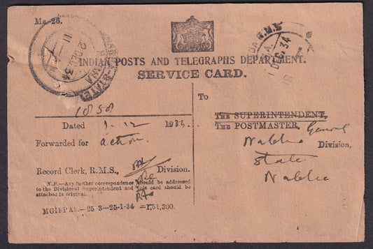 India 1934 Post Office SERVICE card used "BHATINDA R.M.S. / SET NO.2" to Nabha