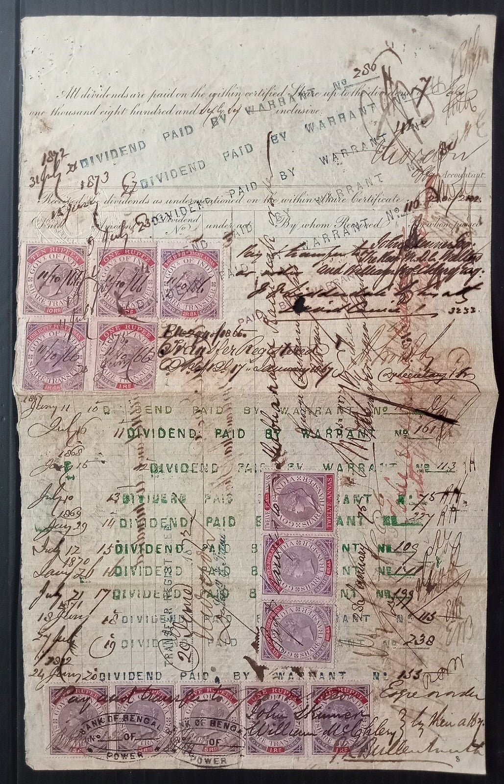 AOPIMT India Bank of Bengal 1866 share cert 13 Share Transfer stamps (46R face)